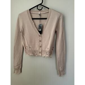 R13 Distressed Baby Cropped 100% Merino Wool Cardigan In Tan New Size XS